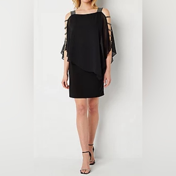 msk womens short sleeve embellished cape sheath dress MSK Women's Embellished Capelet Jersey Shift Dress Size Medium NWT